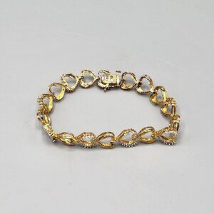 Gold Plated Sterling Silver Heart Link Chain Bracelet 925 Clear Stones 7" Long